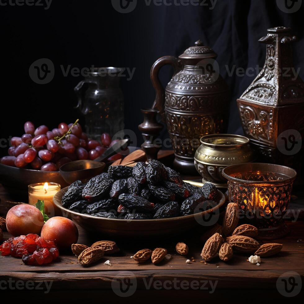 ai gerado uma mesa com uma grupo do fruta e uma vela foto