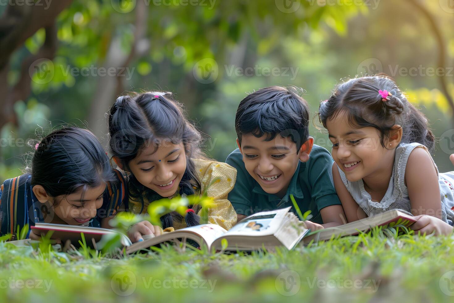 ai gerado grupo do feliz crianças lendo uma livro juntos dentro a parque. Educação conceito. foto