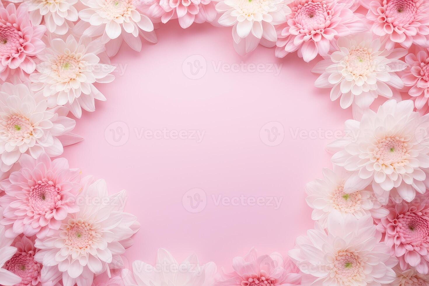 ai gerado lindo floral quadro, Armação do Rosa e branco crisântemos com cópia de espaço em uma Rosa fundo. gerado por IA contente. foto