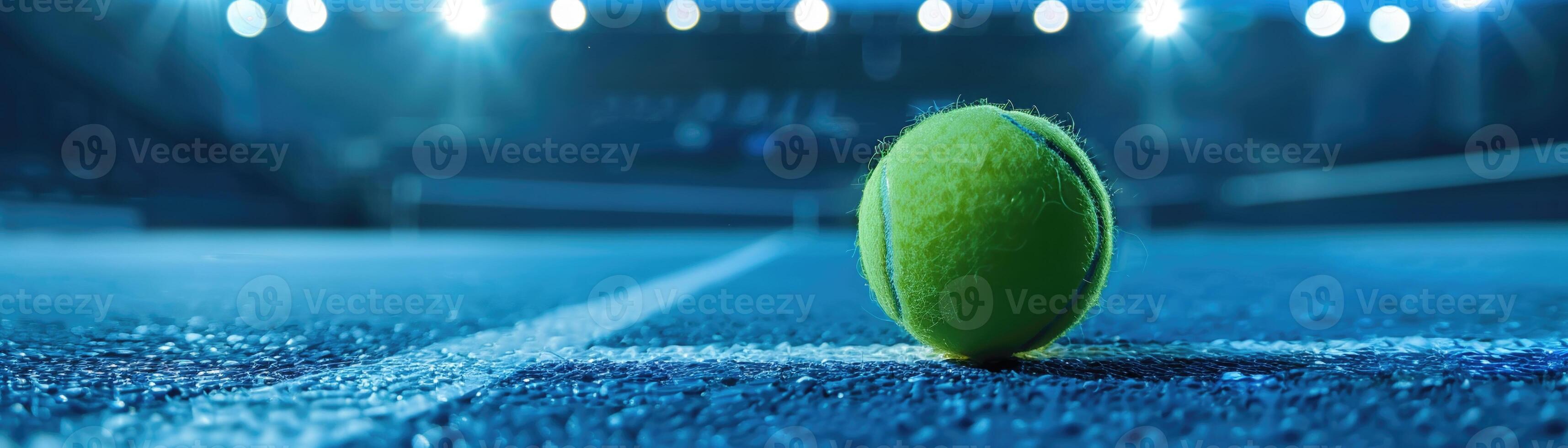 ai gerado uma tênis bola mentiras em uma vibrante azul quadra debaixo a iluminação do brilhante estádio luzes foto