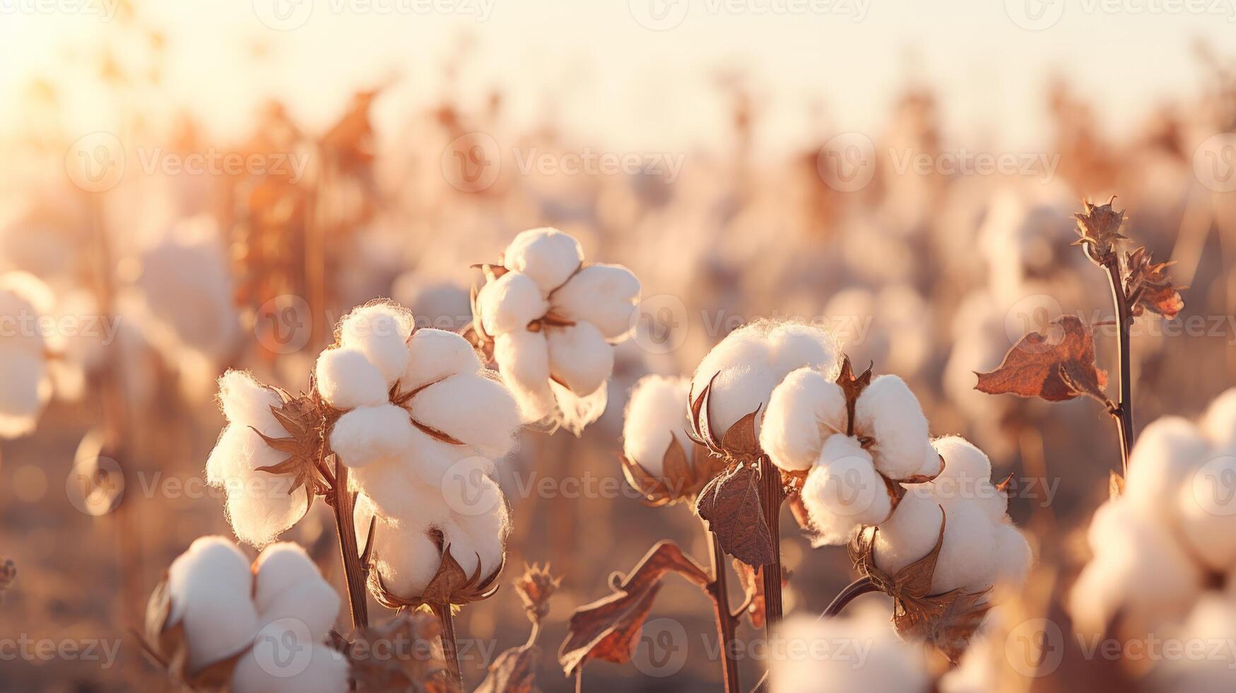 ai gerado orgânico algodão Fazenda colheita. sustentável prática com branco cápsulas. cru material para ecológico têxtil indústria. foto