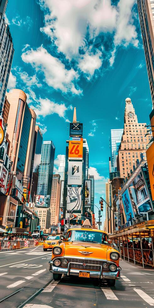 ai gerado vintage amarelo Táxi dentro ocupado cidade rua foto