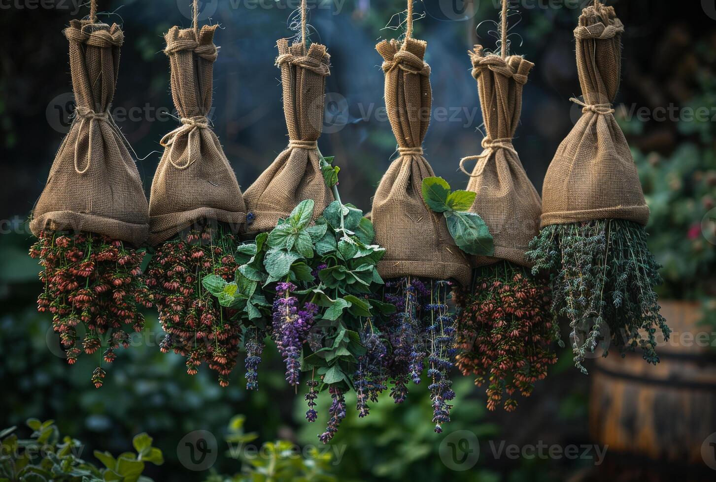 ai gerado fresco ervas e flores suspensão para seco dentro a jardim. natural remédio foto