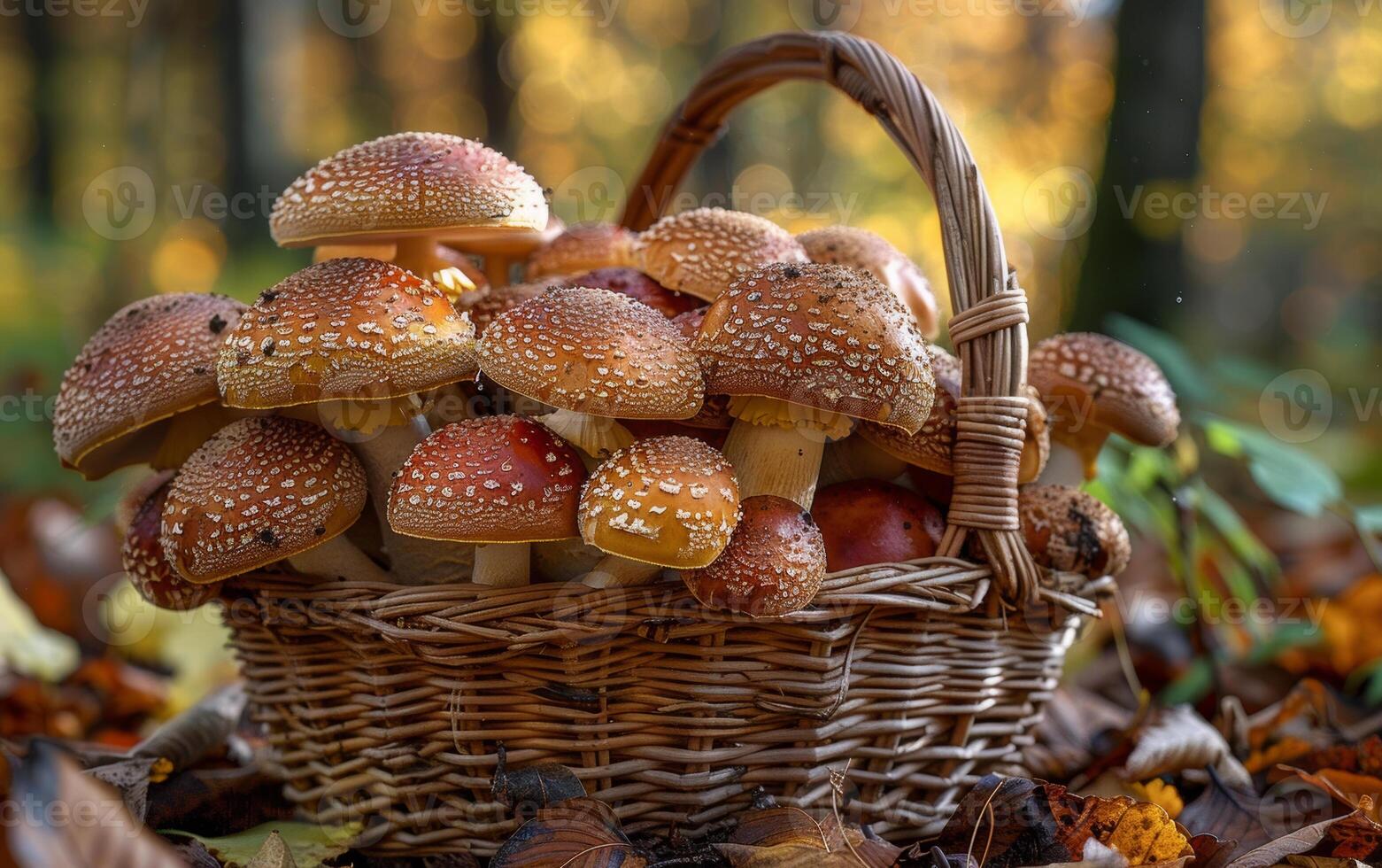ai gerado cogumelos dentro cesta dentro a outono floresta foto