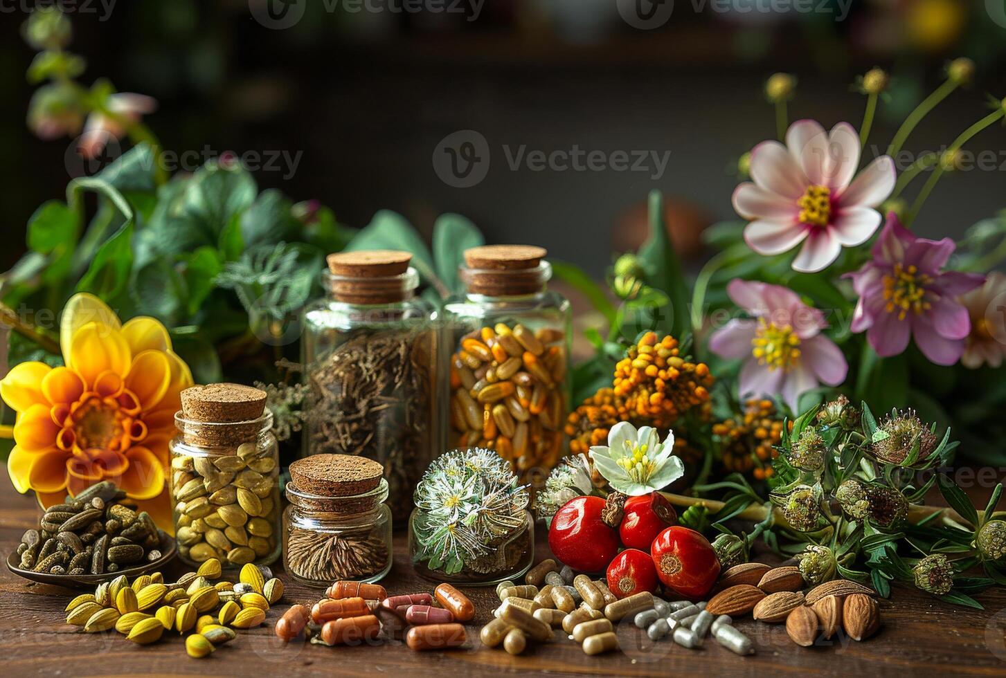 ai gerado seleção do medicinal ervas e plantas em de madeira mesa foto