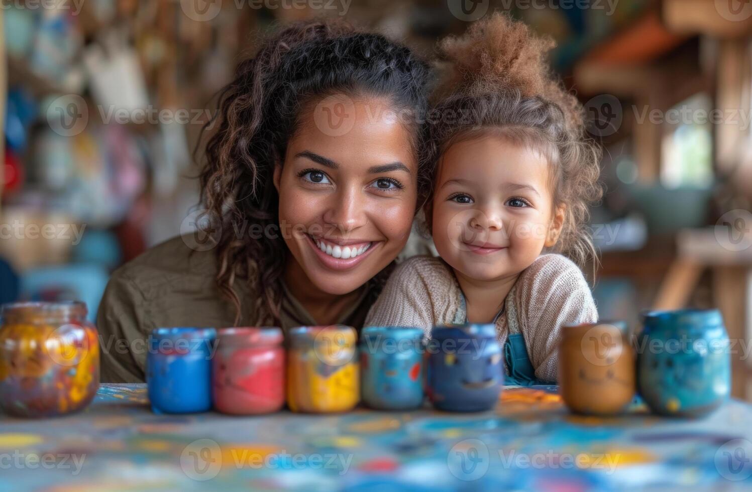 ai gerado mãe e filha sorrir às a Câmera enquanto sentado às mesa com pintura frascos. foto