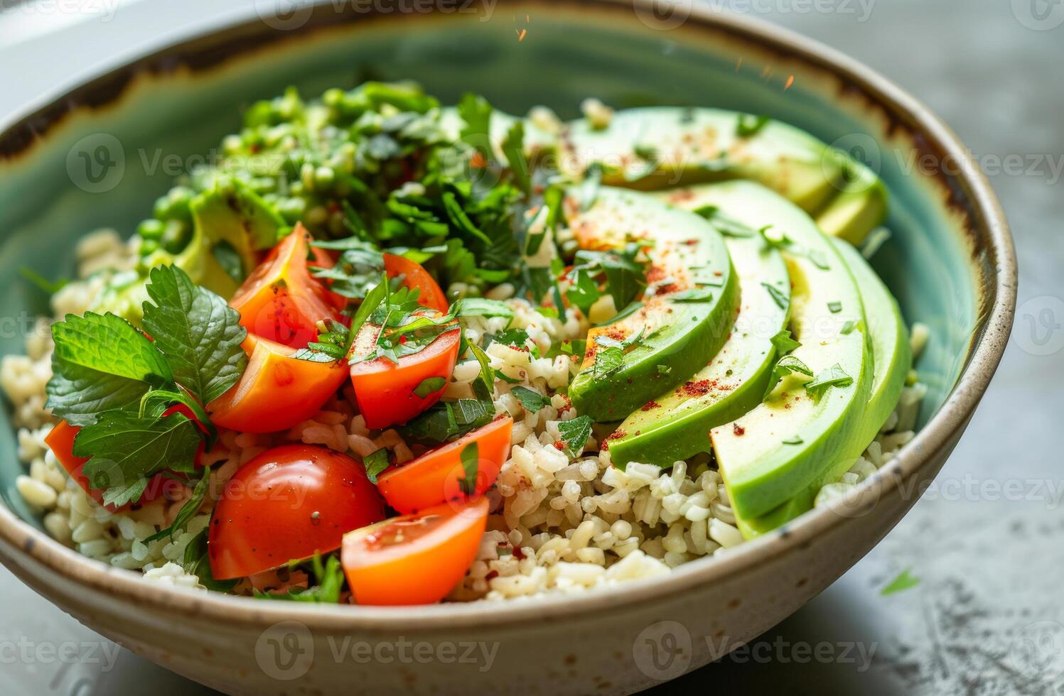ai gerado vegetariano Buda tigela com Quinoa abacate tomates e ervas em cinzento fundo topo visualizar. saudável comendo conceito foto