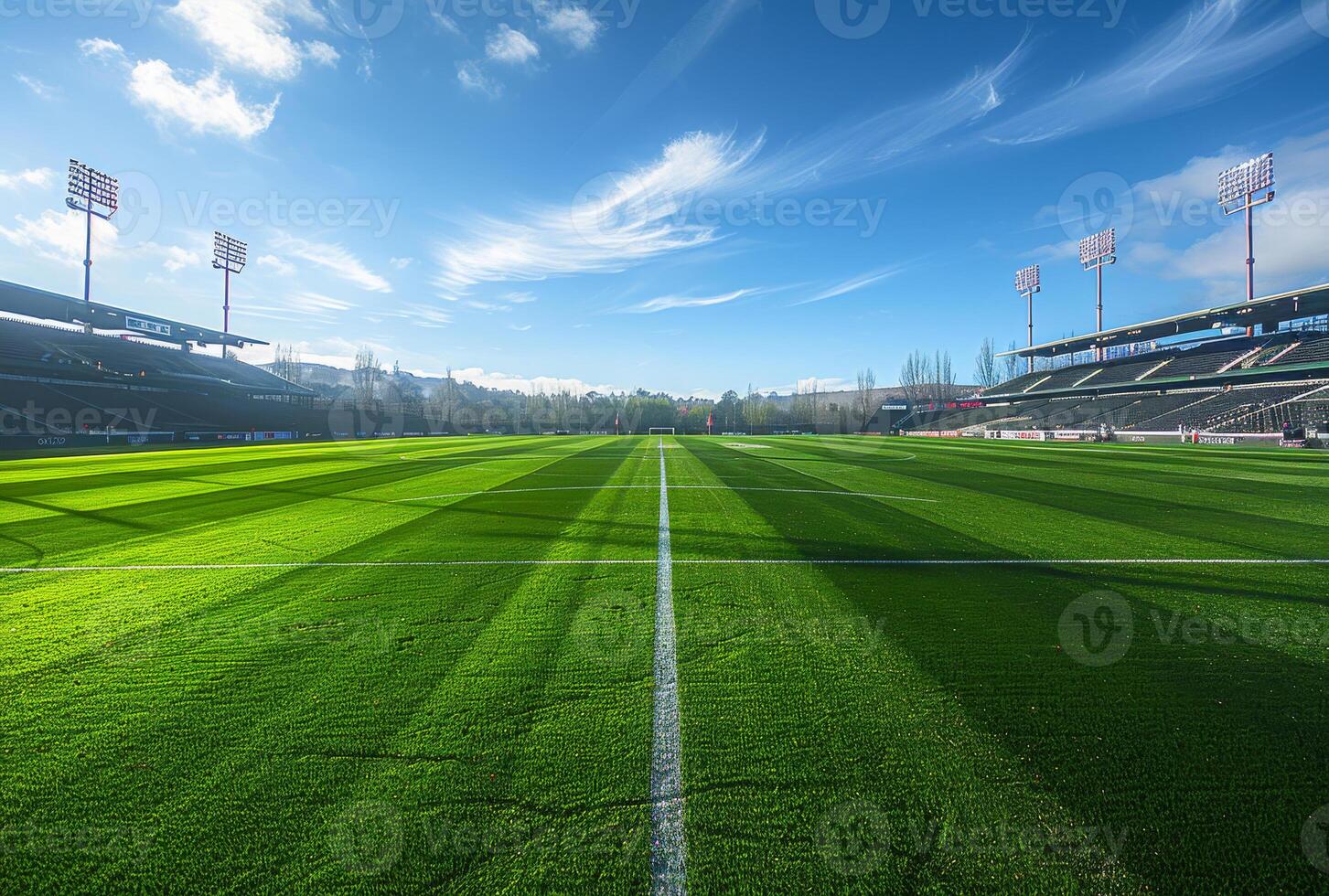 ai gerado lindo verde Relva campo e a azul céu foto