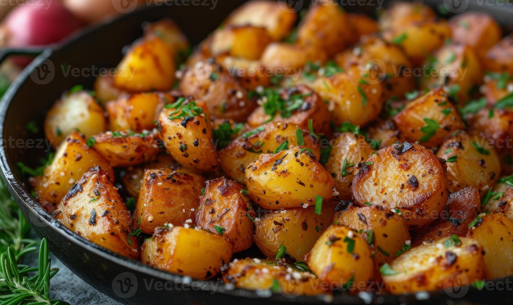 ai gerado frito batatas dentro uma fritar panela fechar-se. assado batatas dentro fundida ferro frigideira foto