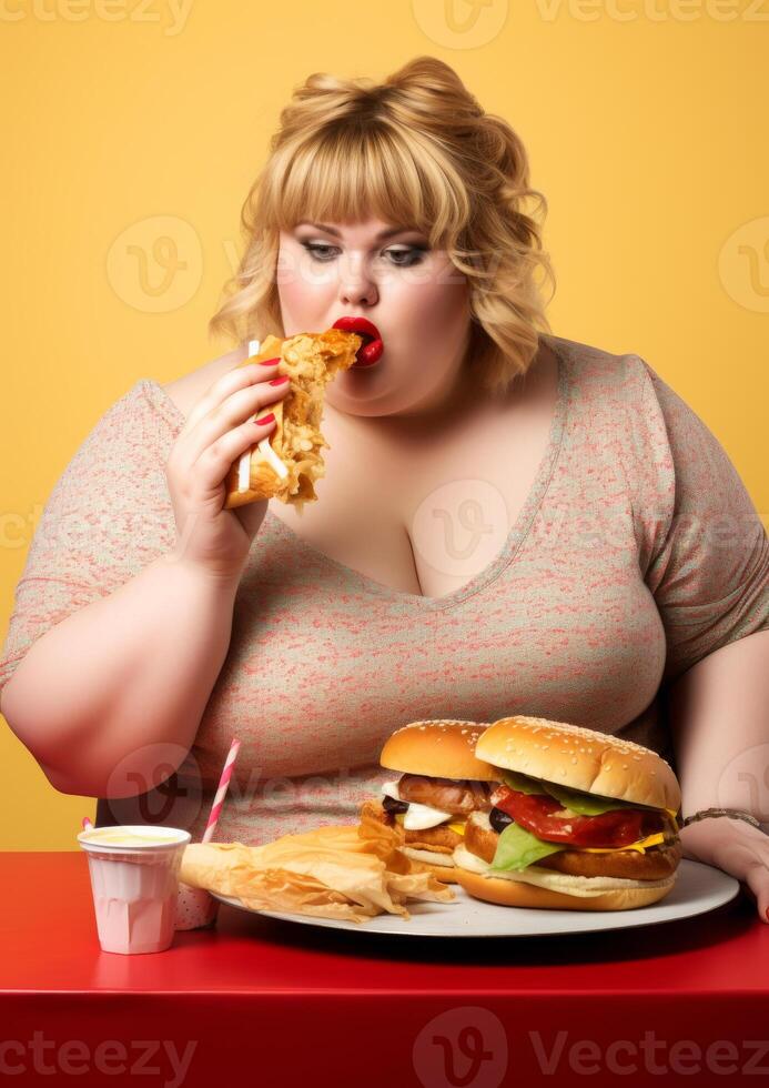 ai gerado gordo mulher comendo grande peça do pizza foto