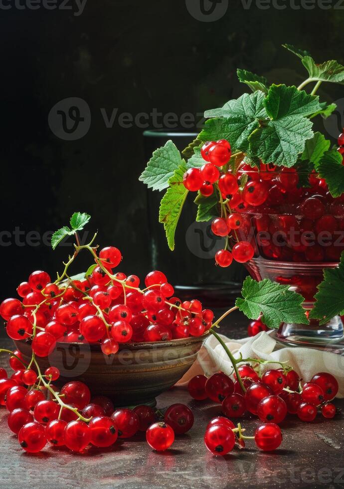 ai gerado vermelho groselhas dentro vidro vaso. uma vermelho groselhas em a mesa com guarnições em topo foto