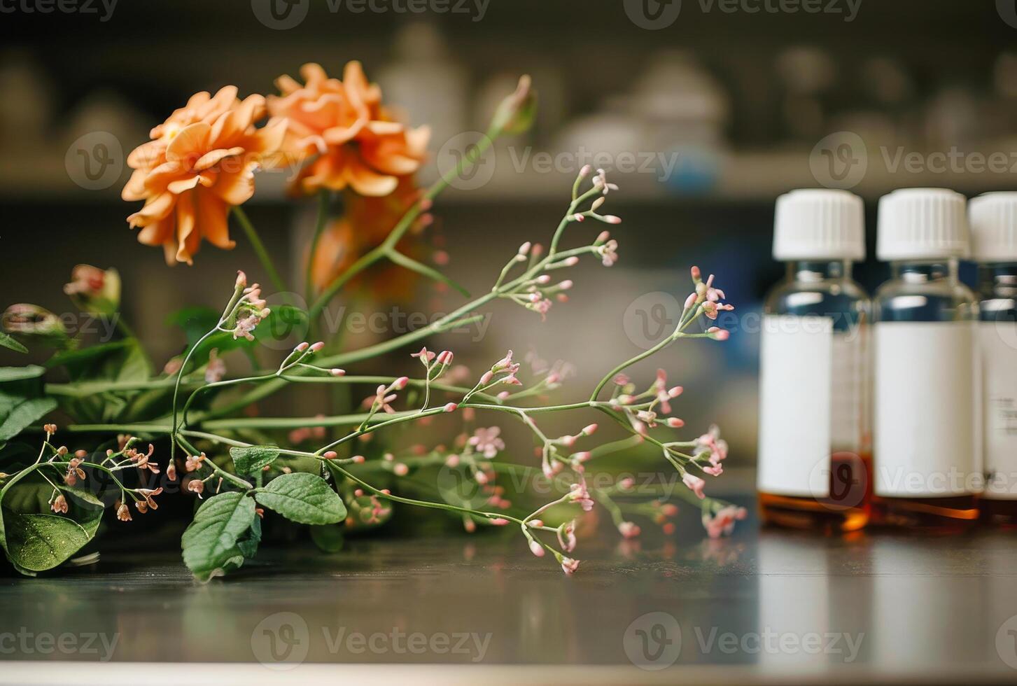 ai gerado flor e essencial óleos em mesa foto