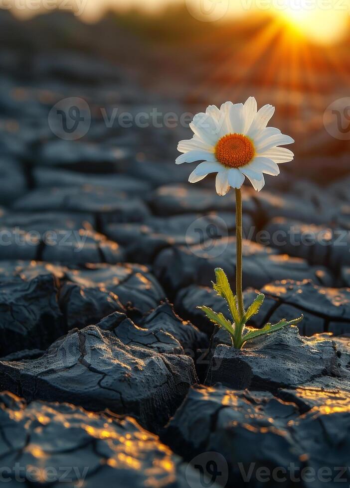 ai gerado solitário margarida cresce dentro seco acima esvaziar campo. conceito do de Meio Ambiente problemas foto