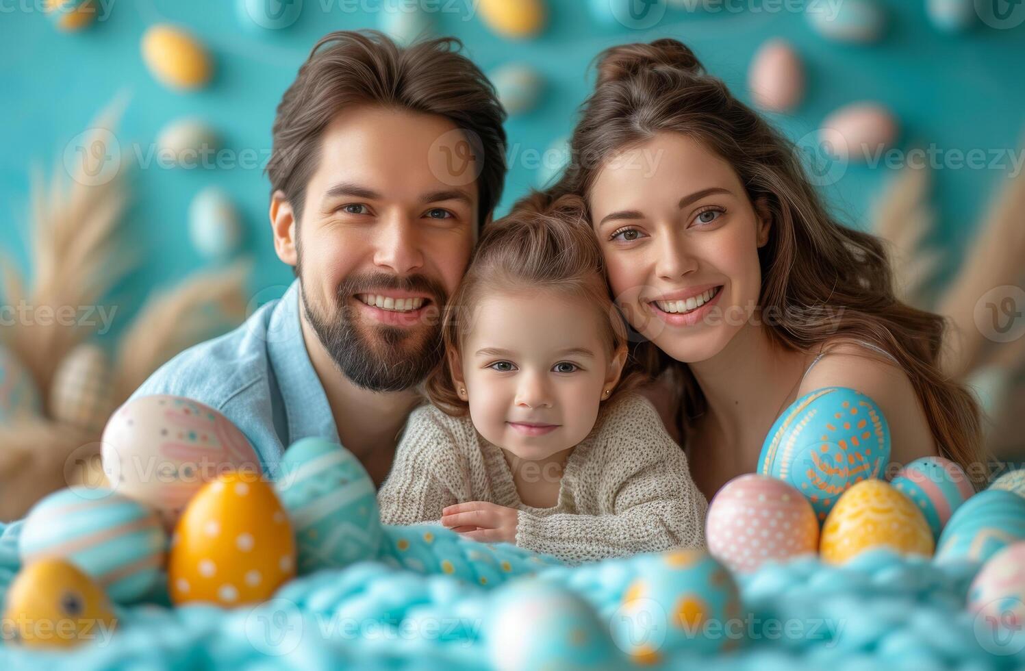 ai gerado feliz família é a comemorar Páscoa juntos dentro a estúdio. uma família comemoro seus Páscoa com uma família retrato foto