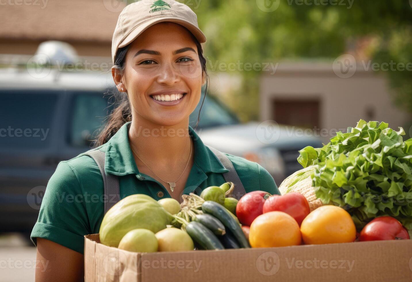 ai gerado uma Entrega mulher dentro uma verde uniforme detém uma caixa cheio do fresco frutas e vegetais, pronto para Entrega. foto