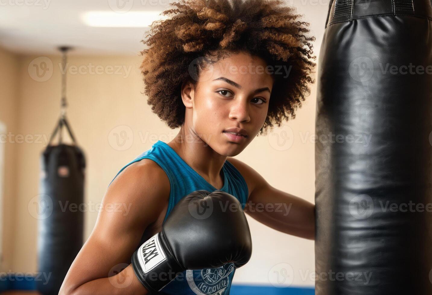 ai gerado uma focado boxer práticas socos em uma pesado bolsa, demonstrando dedicação e força dentro dela treinamento. foto