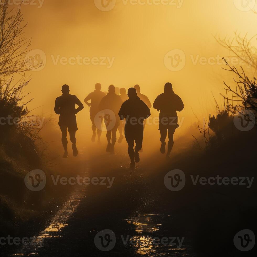 ai gerado uma grupo do corredores estão corrida através uma nebuloso floresta foto