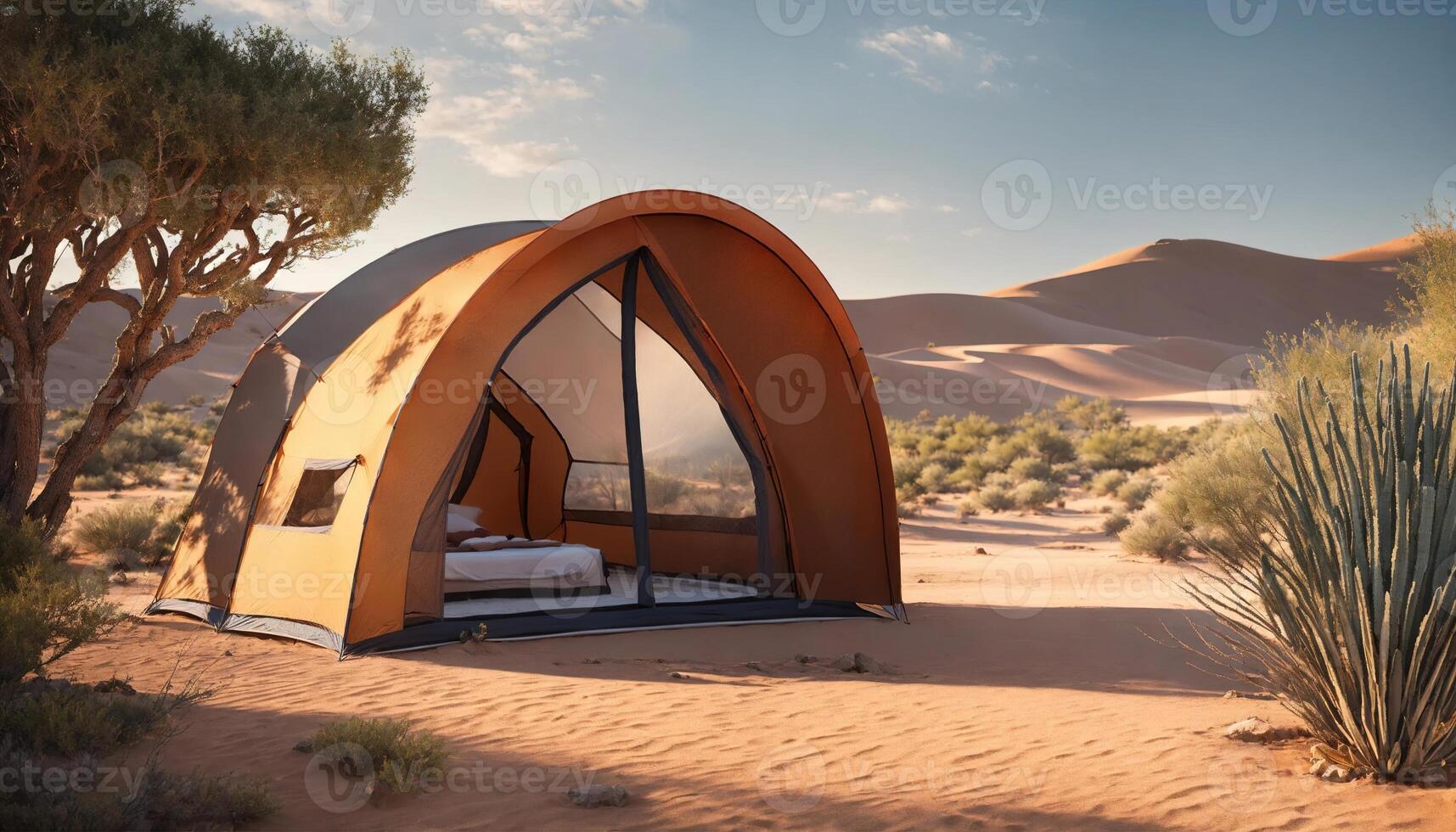 ai gerado acampamento barraca dentro a deserto às pôr do sol. ai generativo foto
