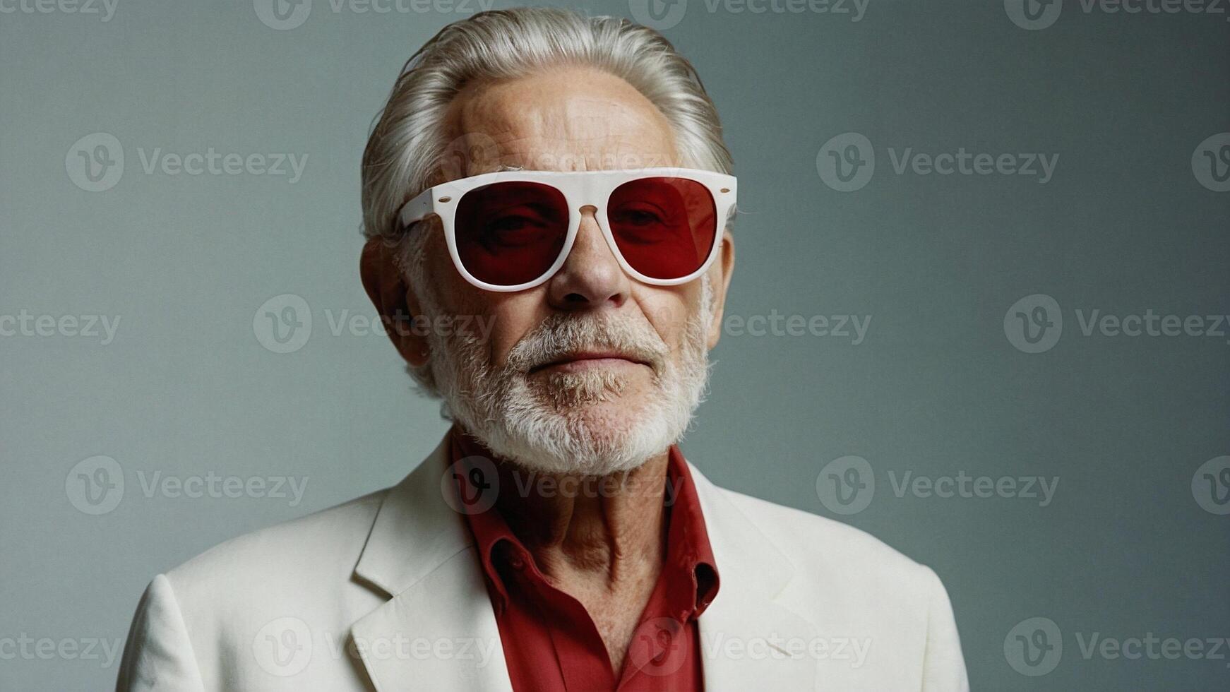 ai gerado a Mais velho homem com branco cabelo e vermelho oculos de sol foto