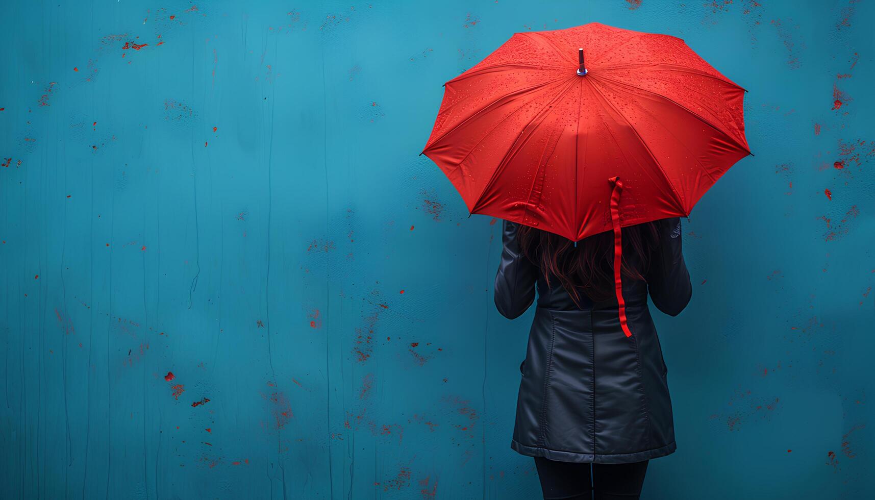 ai gerado menina com vermelho guarda-chuva em azul fundo com dela costas virou para a Câmera. menina segurando guarda-chuva dentro frente do uma fundo. pessoa debaixo guarda-chuva foto