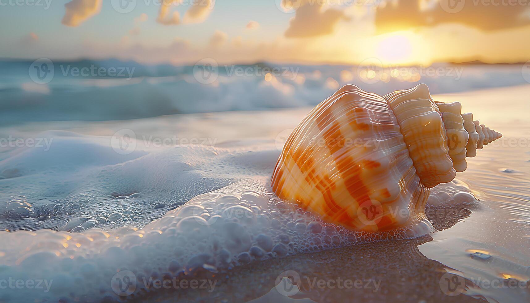 ai gerado Concha do mar em a de praia. mar Concha em a areia fechar-se. fechar-se do uma Concha do mar em uma arenoso de praia dentro tropical localização. sal água Concha do mar foto