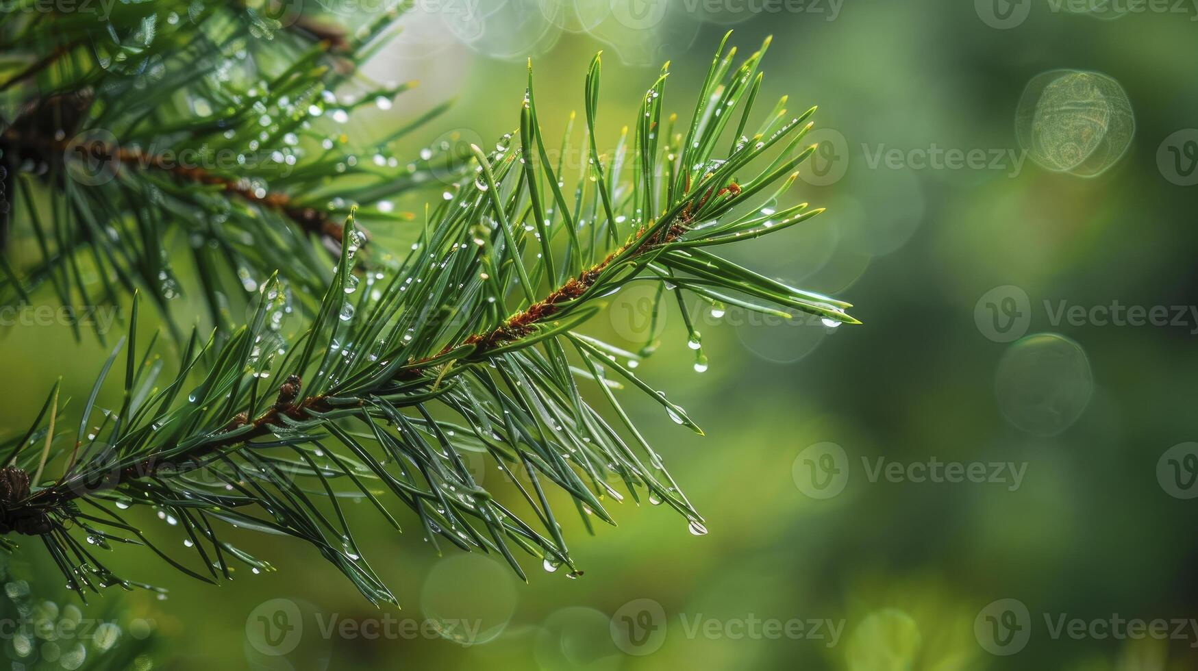 ai gerado pingos de chuva em pinho galhos com uma verde fundo. foto