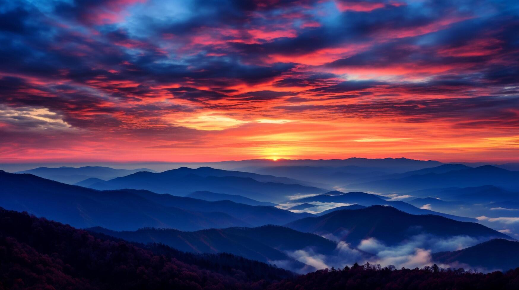 ai gerado montanha nascer do sol e pôr do sol padrões fundo foto