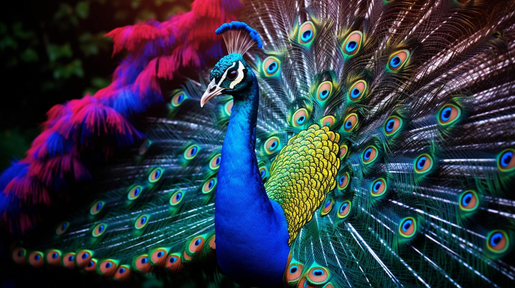 ai gerado uma pavão é em pé dentro frente do flores foto