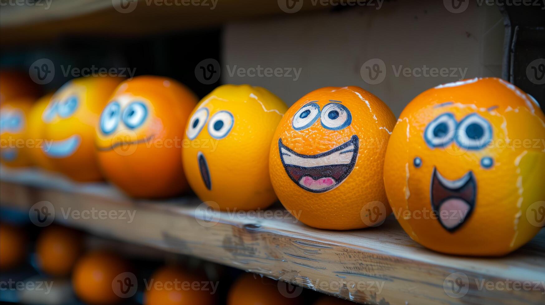 ai gerado sorridente laranjas com engraçado rostos em uma estante foto