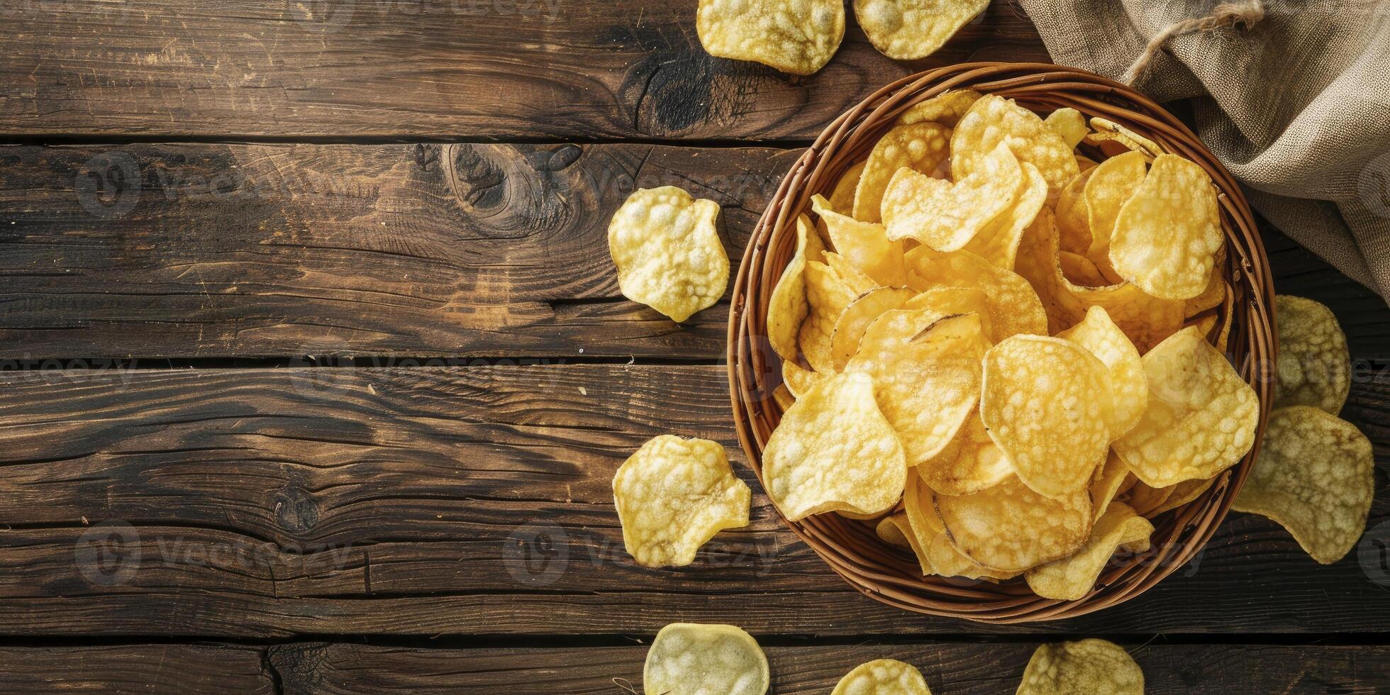 ai gerado topo Visão do crocantes batata salgadinhos dentro uma vime tigela em a velho cozinha mesa foto