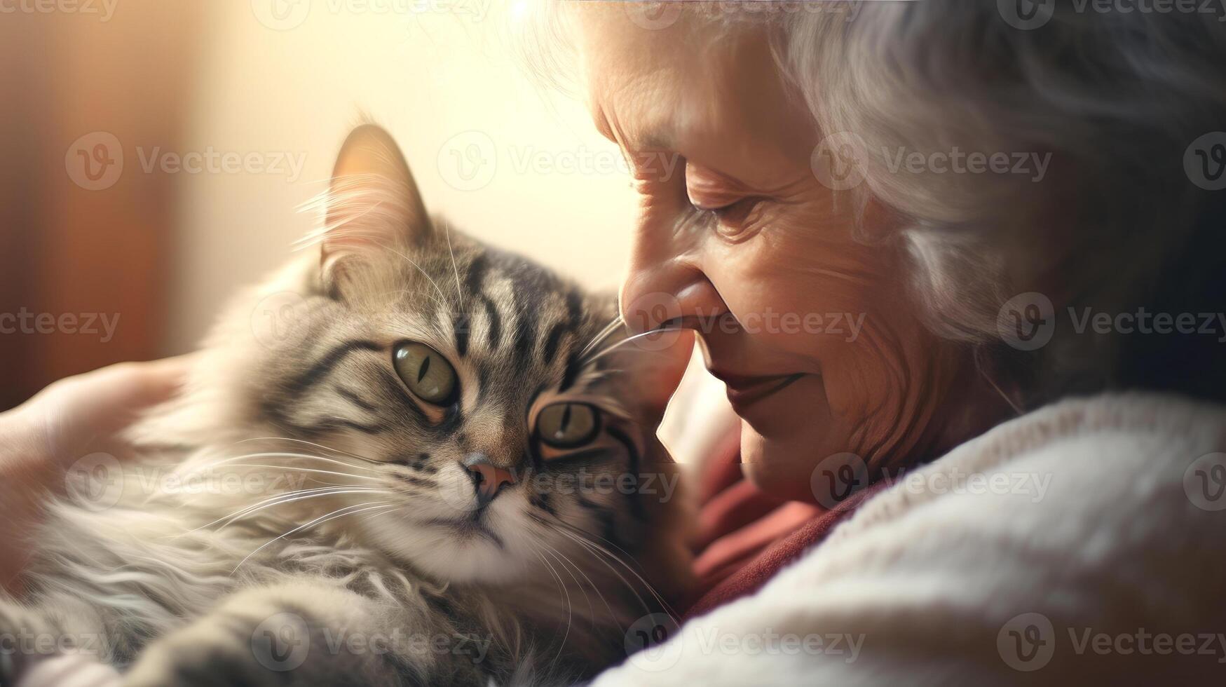 ai gerado velho mulher abraços dela gato fechar-se retrato. amizade e concurso sentimentos entre humano e animal conceito. ai gerado ilustração. foto