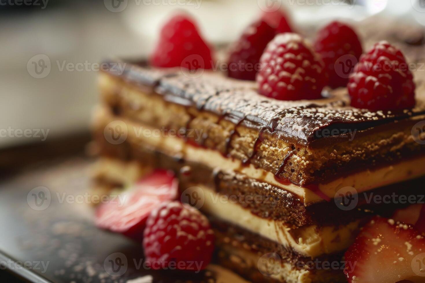 ai gerado ópera bolo com chocolate ganache e framboesas ofertas uma delicioso gourmet sobremesa experiência foto