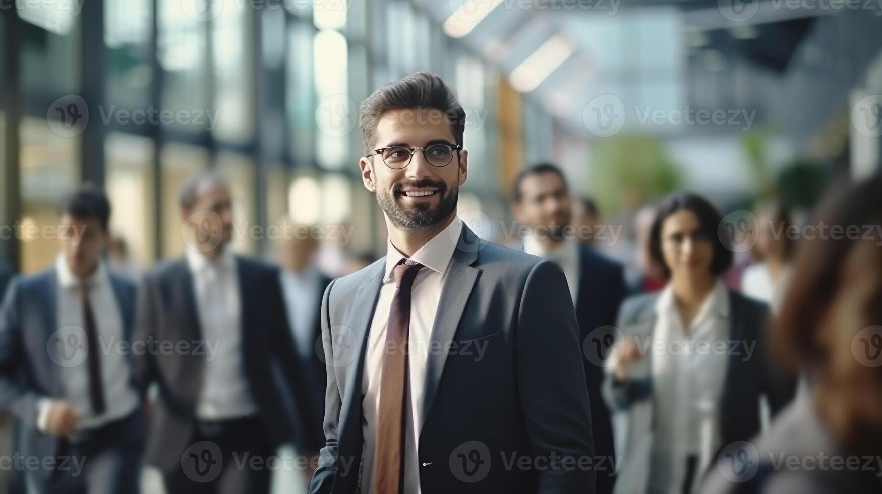 ai gerado atraente jovem homem de negocios dentro óculos e terno sorridente, em pé dentro moderno lotado o negócio Centro foto