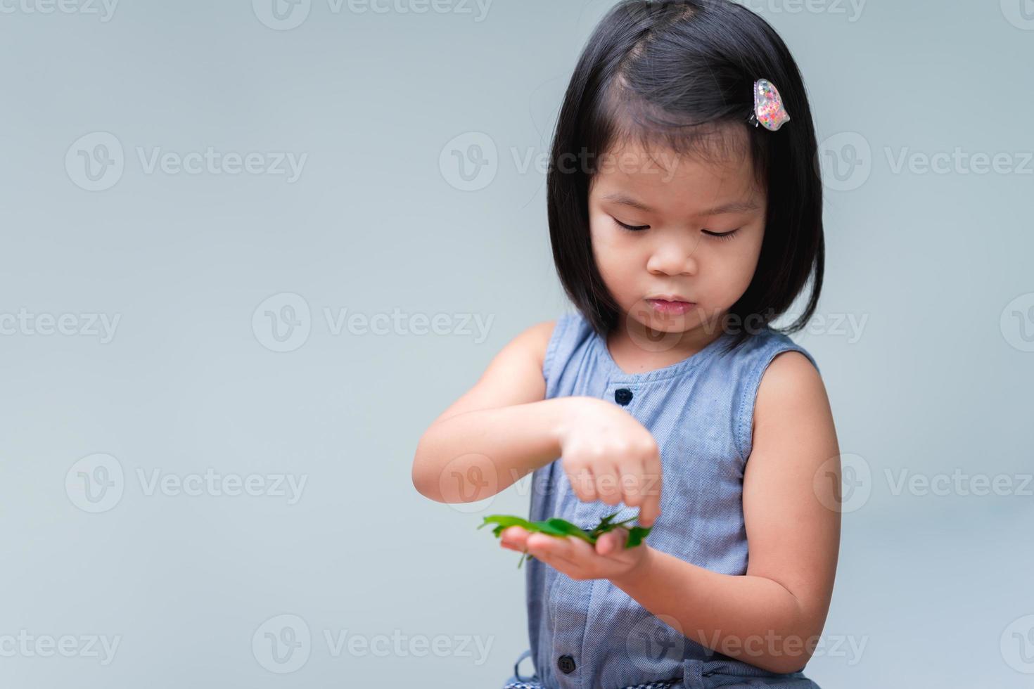 adorável criança garota segurando folhas verdes nas mãos. criança aprendendo as características das folhas e da natureza. foto