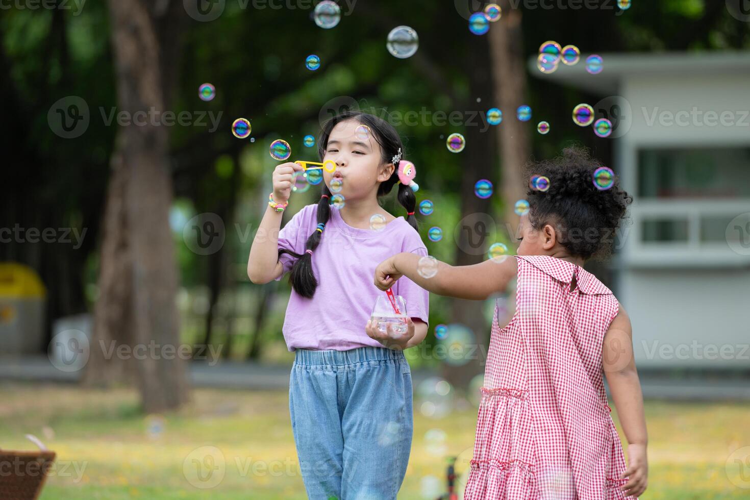 meninas dentro a parque com sopro ar bolha, cercado de vegetação e natureza foto