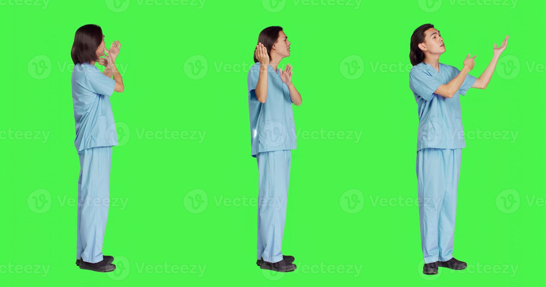 ásia médico assistente cria comercial para Novo médico de Anúncios campanha contra tela verde pano de fundo. jovem enfermeira dentro uniforme apresenta esquerda ou certo lados, mostrando Novo propaganda slogan. foto