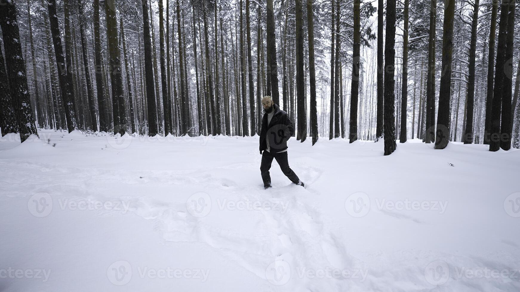 homem anda em elegantemente dentro inverno floresta. meios de comunicação. elegante tiro do à moda homem caminhando dentro inverno floresta. inverno moda tiroteio dentro floresta foto