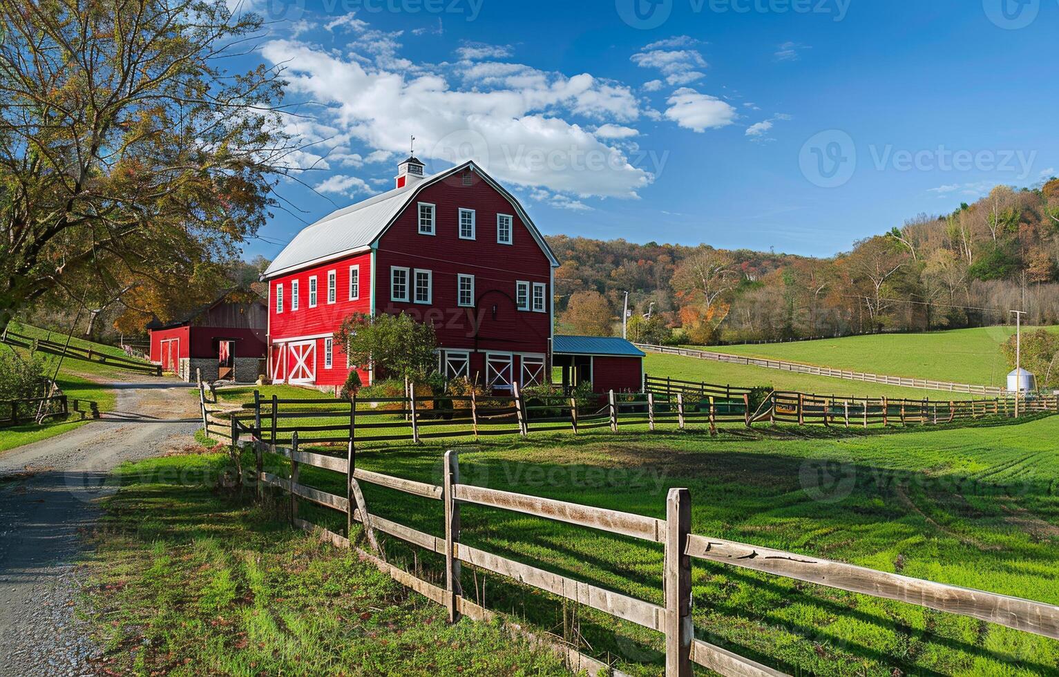 ai gerado vermelho celeiro e verde campo dentro a campo foto