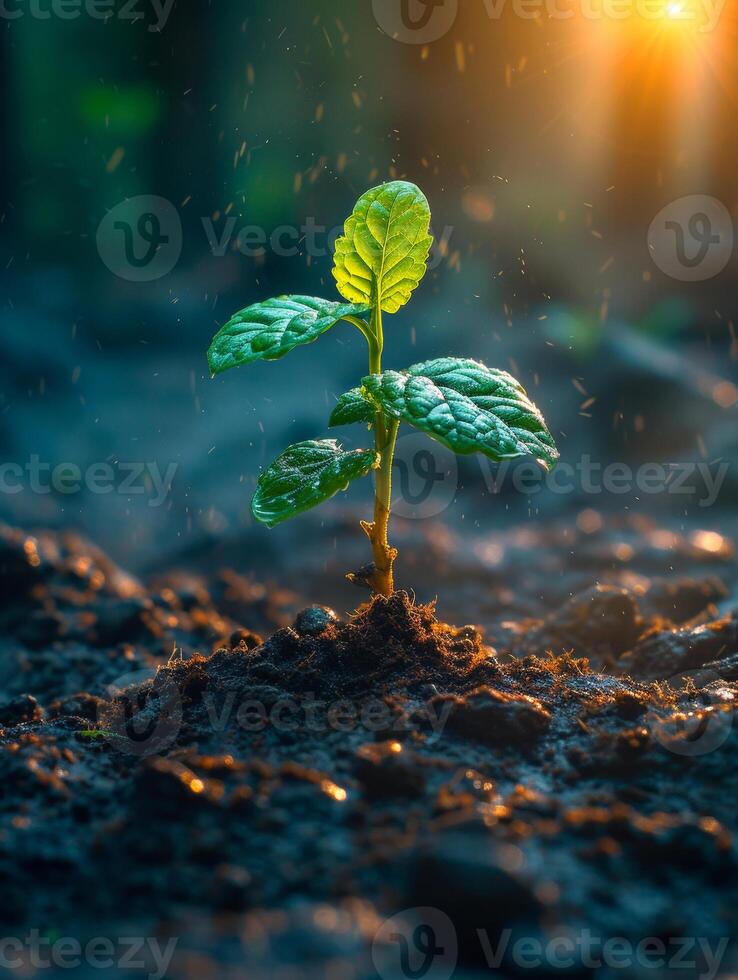 ai gerado jovem plantar crescendo dentro a manhã luz e verde bokeh fundo foto