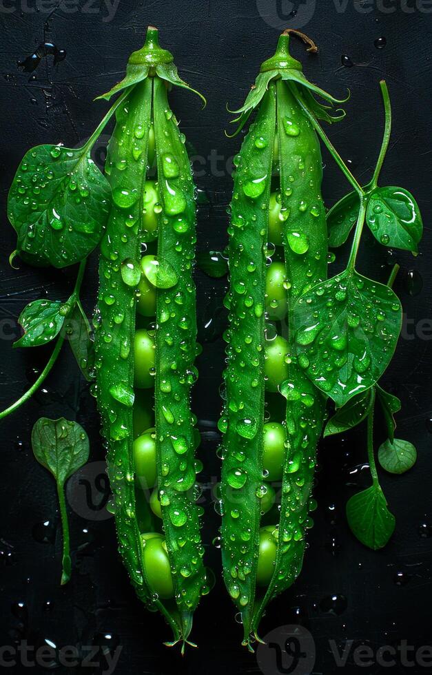 ai gerado dois vagens do verde feijões estão coberto dentro água gotas em Preto fundo. foto