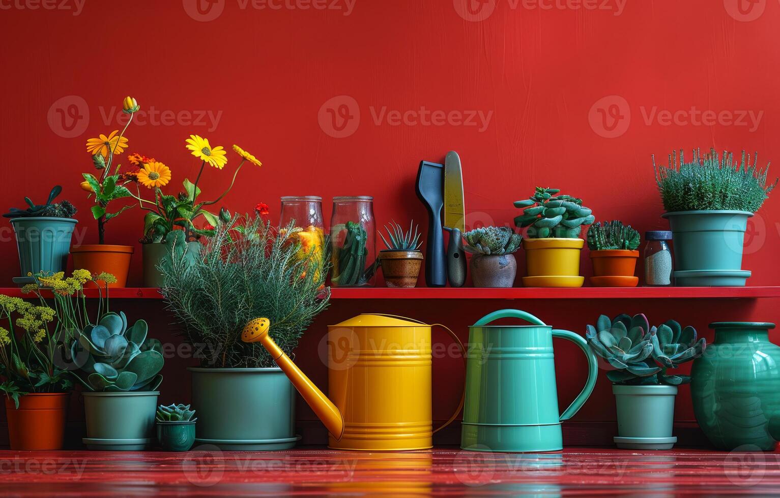 ai gerado vários colorida em vaso plantas e rega latas em prateleiras dentro frente do vermelho parede foto