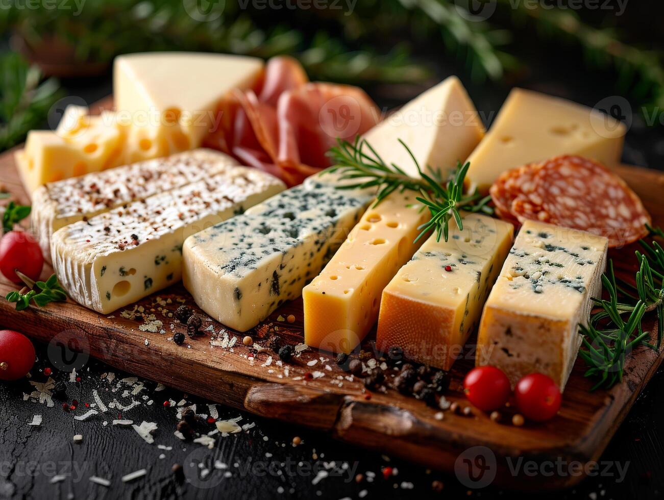 ai gerado vários tipos do queijo em de madeira borda com alecrim jamon e azeitonas foto