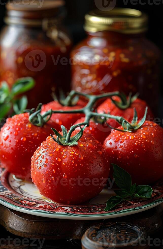 ai gerado tomates e frascos do tomate molho em de madeira mesa foto