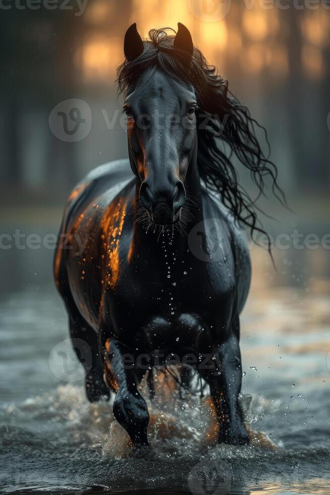 ai gerado Preto cavalo corre galope dentro a água com grandes cabelo e lindo cabelo dentro a água dentro a pôr do sol luz foto