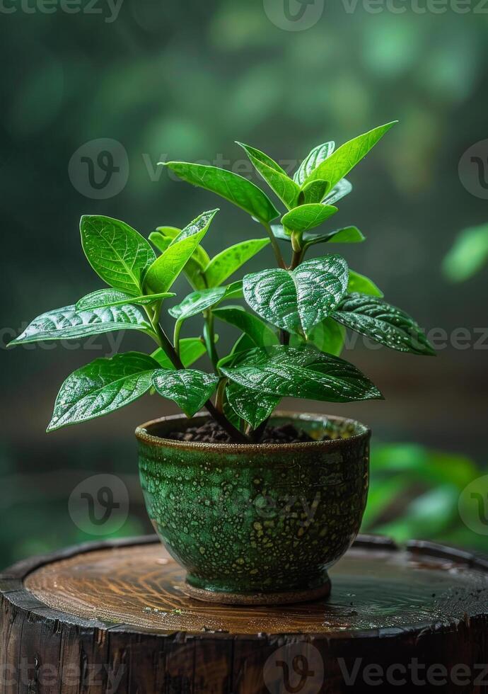 ai gerado pequeno verde plantar dentro Panela. uma verde plantar dentro argamassa em madeira foto