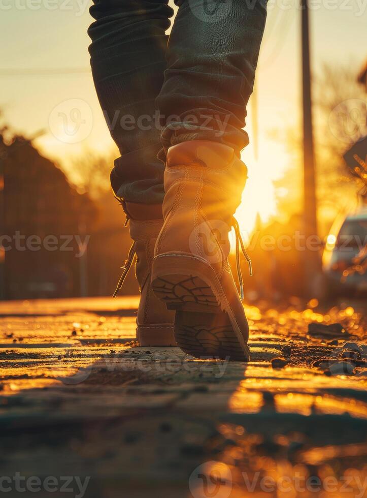 ai gerado mulher caminhando em a rua às pôr do sol foto