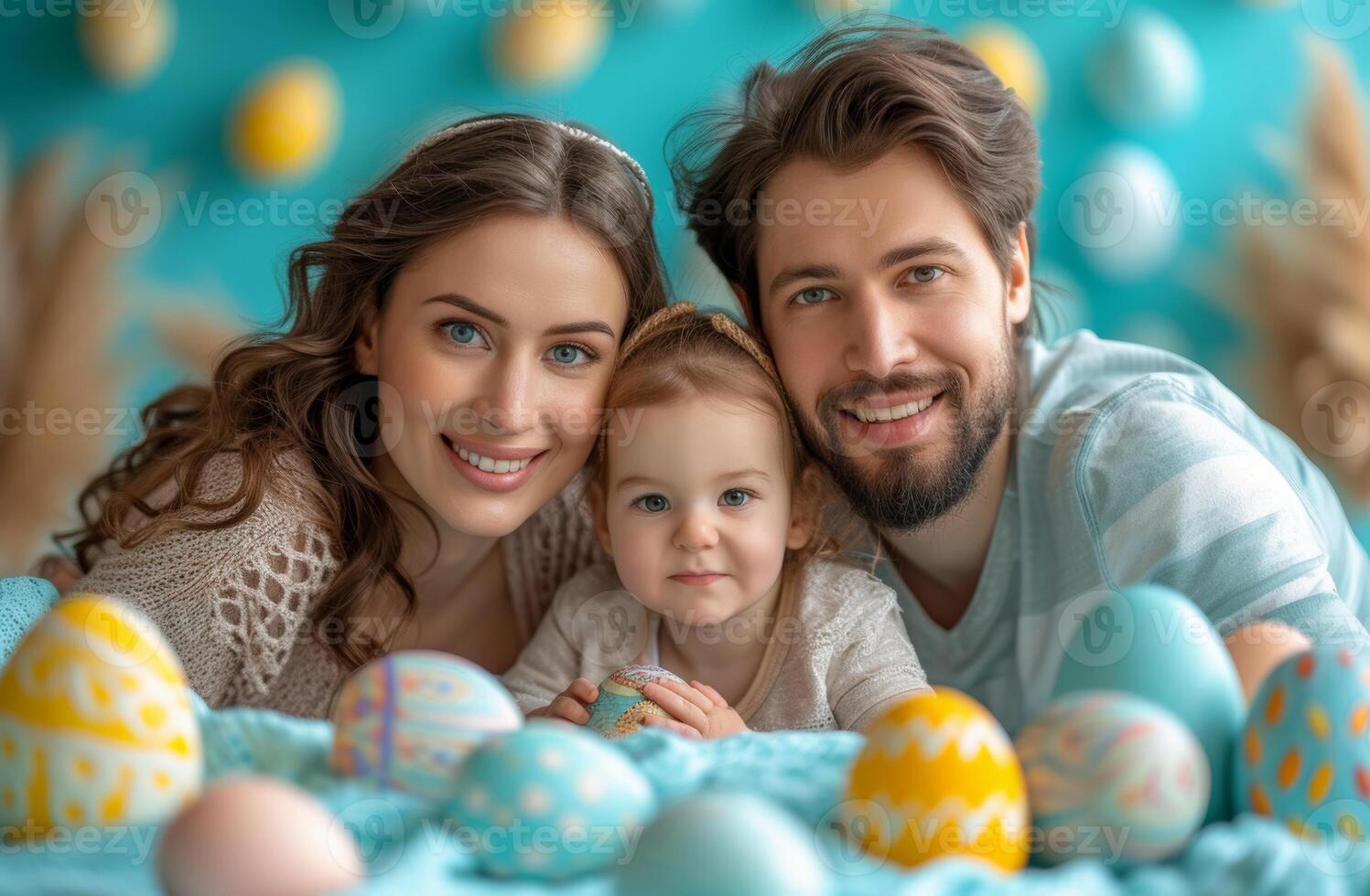 ai gerado feliz família é preparando para Páscoa celebração. mãe pai e seus pequeno filha estão pintura ovos. foto