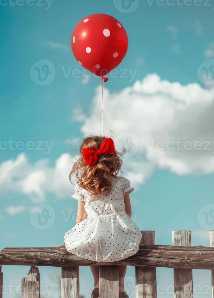 ai gerado pequeno menina com vermelho balão. uma pequeno menina sentado em uma cerca foto