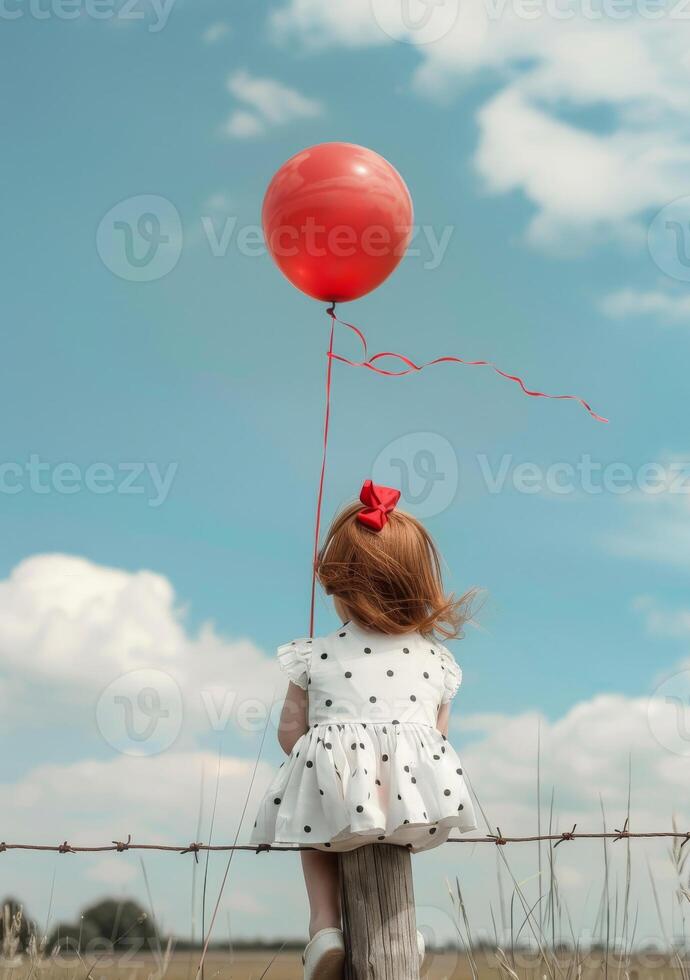 ai gerado pequeno menina é sentado em cerca com vermelho balão foto