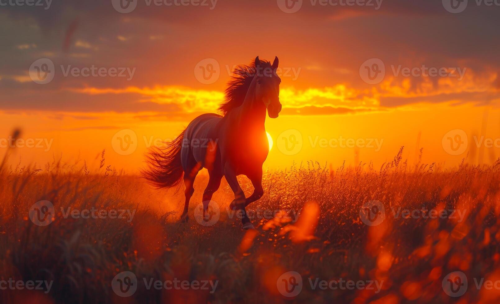 ai gerado lindo vermelho cavalo corre galope em a campo com amarelo flores em pôr do sol fundo foto